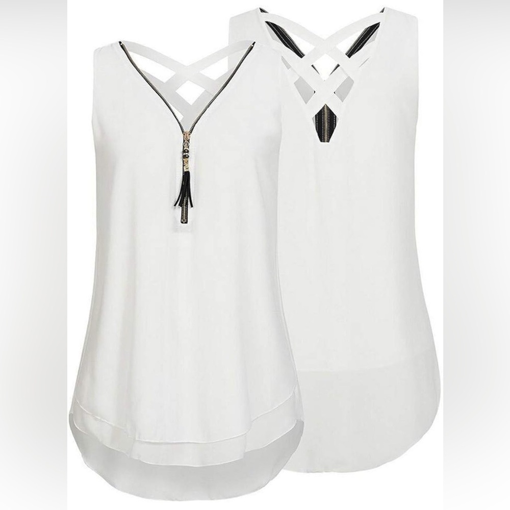 Lined Sheer Sleeveless Blouse w/ Zipper Front and Criss Cross back details
